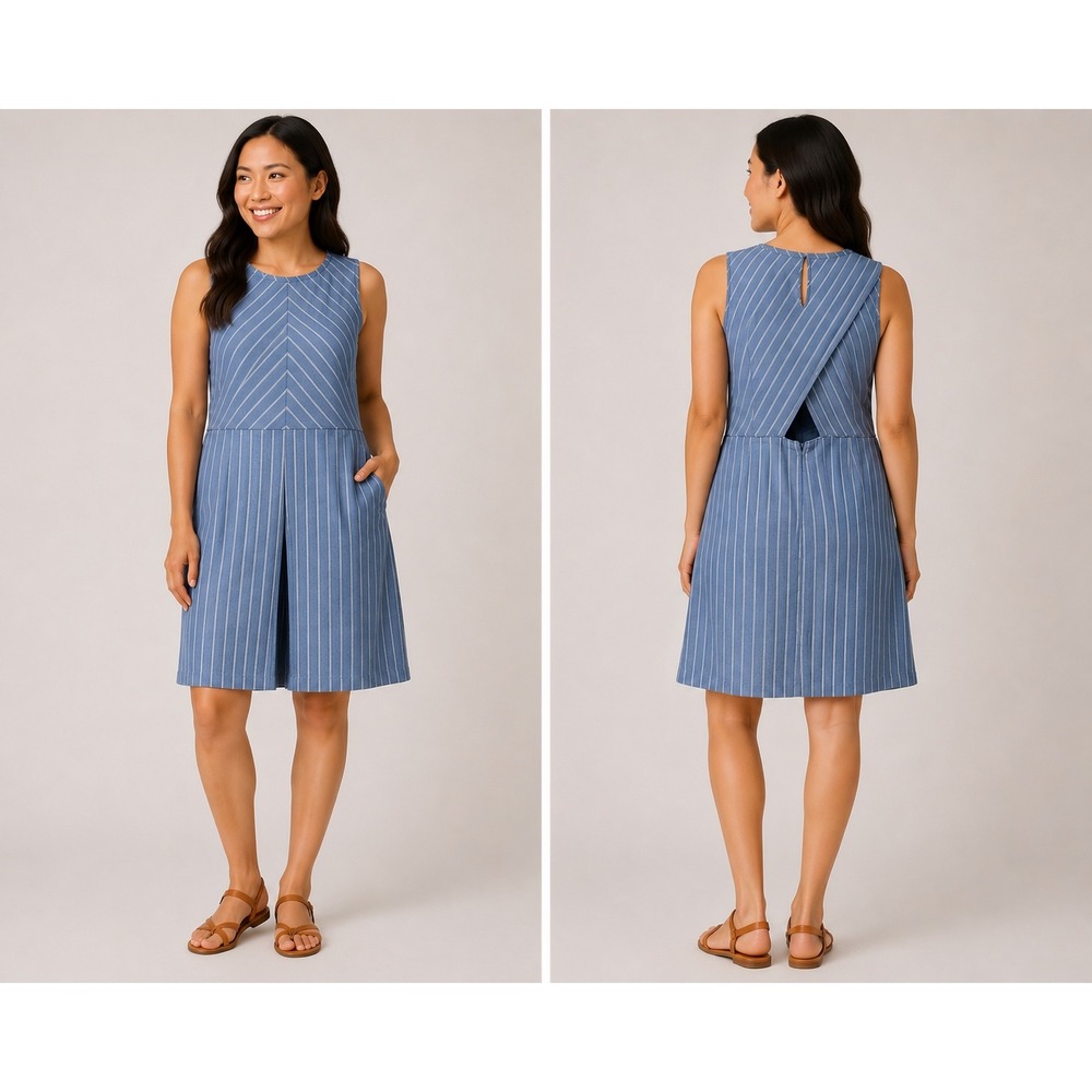 J.Crew Pinstripe Fit and Flare Dress Womens 14 Blue White Back Cutout F2148